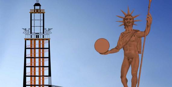 Compilation of the overall appearance of the statue based on Greek and Roman statuettes of the Sun-God and corresponding reconstruction of the 120m (393 ft) tall tower, designed by ©Andrew Michael Chugg