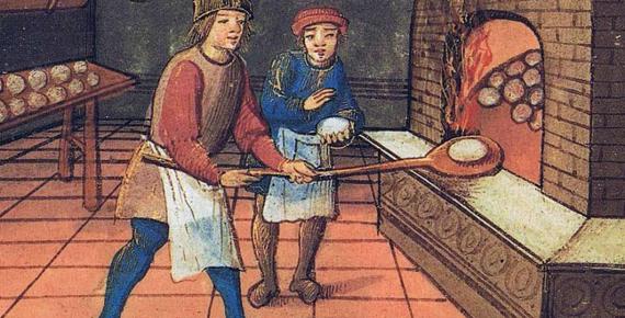 A medieval baker with his apprentice. The Bodleian Library, Oxford. (Public Domain)