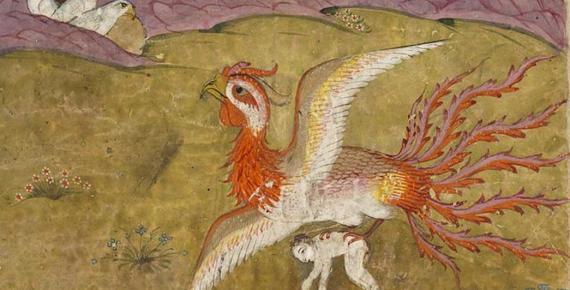 Image from the Shahnameh of the Simurgh (benevolent Persian mythological creature) carrying Zal (held in her claws) to her nest.