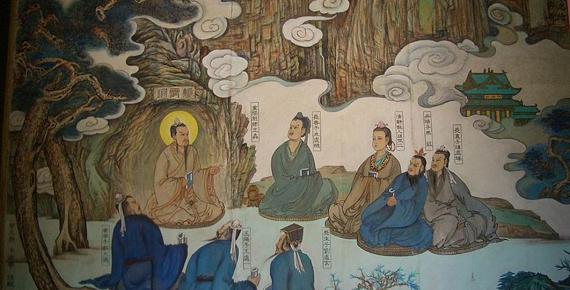 Tao priestess Sun Bu'er (in the middle of the top row) with the other Seven Masters of Quanzhen and their teacher, Wang Chongyang (Public Domain)