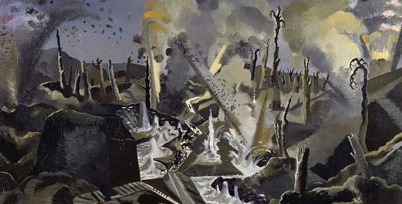 The view across a battlefield undergoing heavy bombardment by Paul Nash 1918 commissioned by the Ministry of Information