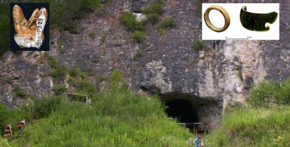The Denisova Cave in the Altai Krai region of southern Siberia. Here over the last decade archaeologists have uncovered anatomical evidence of a previously unknown hominin today known as the Denisovans. Inset, left, one of the two huge Denisovan molars found in the cave’s layer 11 and, right, one of the pierced ostrich eggshell beads along with the fragment of choritolite bracelet found in the same layer of archaeological activity