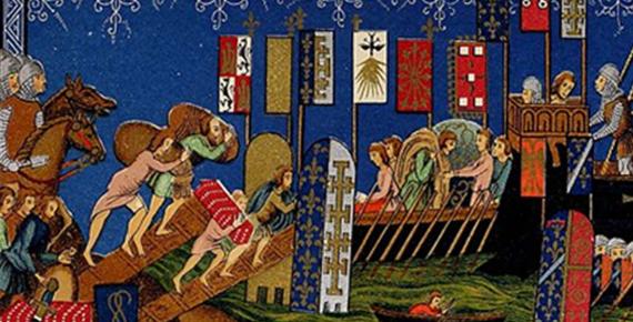 Knights of the Holy Ghost embarking on the crusades. After a miniature in a manuscript of the XIVth Century in the museum of the Louvre.