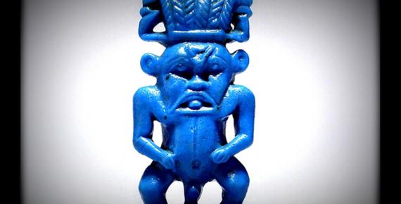 This dwarf-like, protective deity was very popular in ancient Egypt. Bes is represented with the nude body of a dwarf, grotesque facial features, and the ears and mane of a lion. He wears a tall feather-crown and usually rests his hands on his hips. Known from as early as the Middle Kingdom circa 2000 BC. 