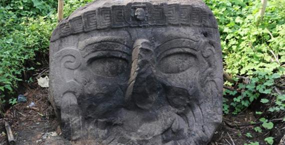 A view of the same colossal stone head still partially buried in the ground. It is the portrait of a bearded individual, of a race different from that of the present Maya population, with a long aquiline nose and slanting eyes. Could this be the portrait of an old-world visitor, perhaps a Phoenician navigator? (Image: © Marco Vigato)