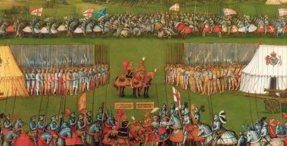 Encounter between Maximilian I, Holy Roman Emperor and Henry VIII. In the background is depicted the Battle of the Spurs against Louis XII of France. (Public Domain)
