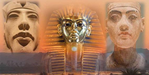 Akhenaten plaster bust on the left and Smenkhkare plaster bust on the right of the funerary mask of Tutankhamun. Berlin’s Neues Museum. Behind is the sunrise near Amarna, Egypt. (Image: Courtesy Jonathon Perrin)