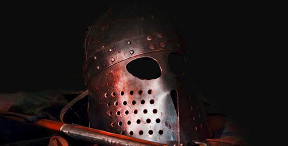 Recreated Viking helmet and weapon 