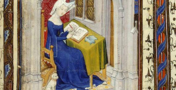 An illustration of Christine de Pizan writing in her study, from The Book of the Queen (Harley MS 4431, f. 4r) (Image source: The British Library/ Public Domain) 