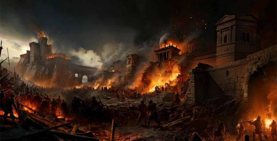 The Siege and Destruction of Jerusalem by the Romans Under the Command of Titus, A.D. 70, by David Roberts (1850), shows the city burning. 