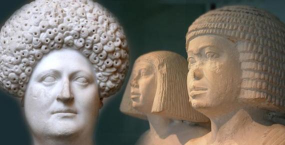 Deriv; Egyptian couple wearing formal wigs of the 4th of 5th dynasties and Bust of a Roman woman wearing a 
