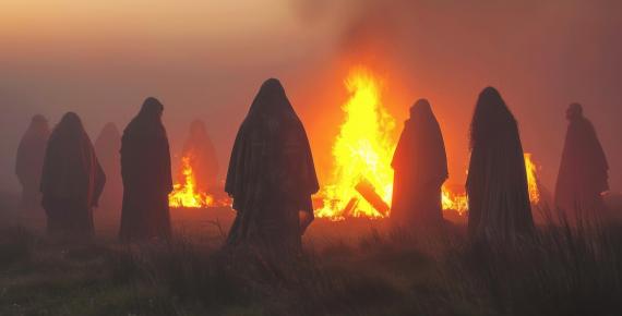 AI image of ancient Celtic druids gathering around a fire.