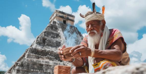 AI image of a South American man preparing for a traditional ceremony at an Aztec pyramid.