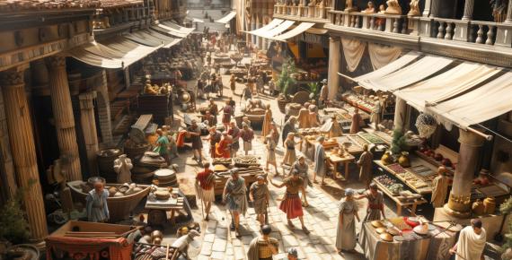 Bustling Roman marketplace.