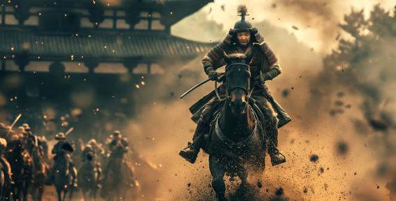 AI image of Japanese samurai riding a horse in battle. 