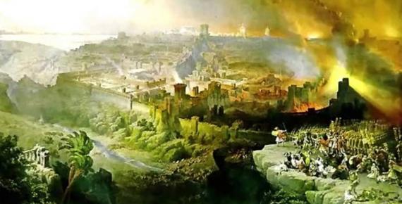 The Siege and Destruction of Jerusalem by the Romans Under the Command of Titus, A.D. 70, by David Roberts (1850), shows the city burning.