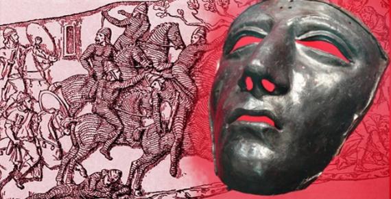 Deriv; face mask for Roman cavalry helmet, first century AD and battle scene featuring Parthian horsemen in armor, and Roman riders.