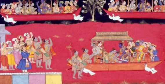 Pushpaka vimana depicted three times, twice flying in the sky and once landed on the ground.(Public Domain)