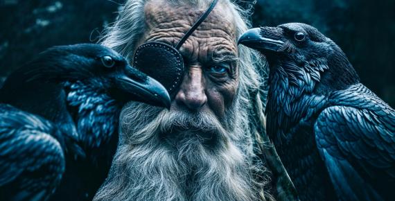 Odin with his two ravens, Huginn and Munninn.