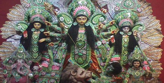 An idol of Durga Pooja, comprising Goddess Durga, her daughters Laxmi, Saraswati and her sons Ganesha, Karitik 