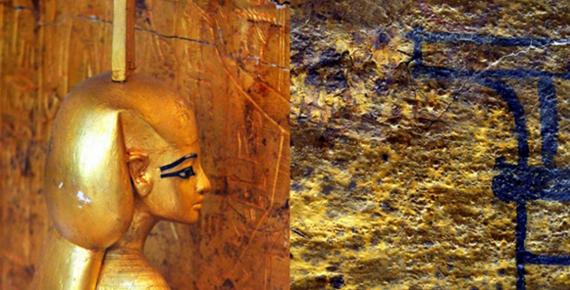  A small statue of goddess Nephthys guards the golden canopic shrine of Tutankhamun; and detail from the north wall of KV62. 