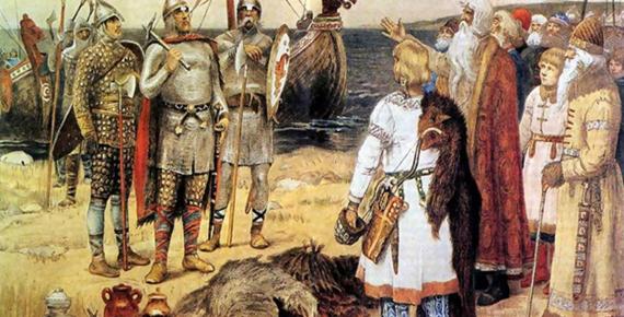 The Invitation of the Varangians: Rurik and his brothers Sineus and Truvor arrive at the lands of the Ilmen Slavs at Staraya Ladoga. Painted prior to 1913 by Viktor.M.Vasnetsov.
