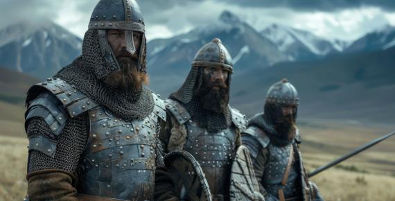 AI image of Slavic male warriors in chain mail.