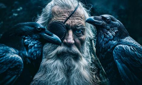 Odin with his two ravens, Huginn and Munninn.