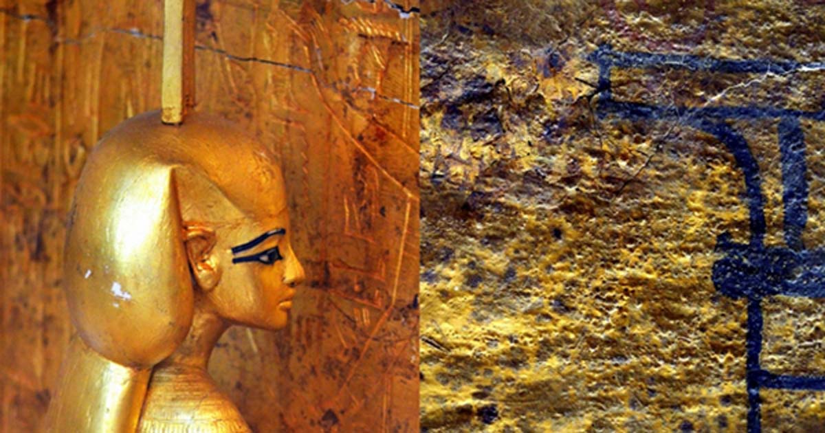  A small statue of goddess Nephthys guards the golden canopic shrine of Tutankhamun; and detail from the north wall of KV62. 