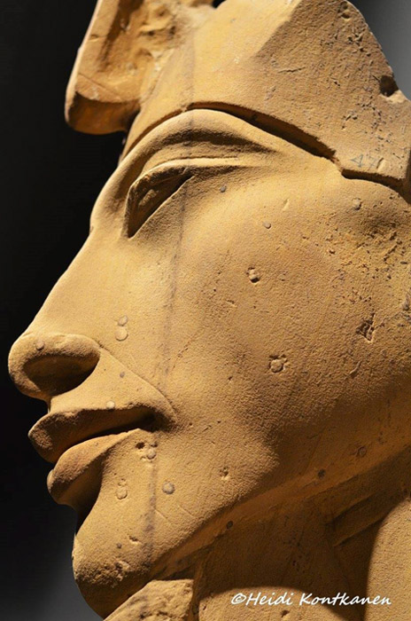 Detail of the beautifully sculpted face of one of Akhenaten’s colossal statues that was purposefully wrecked at Karnak Temple, when the shrines and sanctuaries he had dedicated to the Aten were dismantled during the Amarna backlash. Luxor Museum.