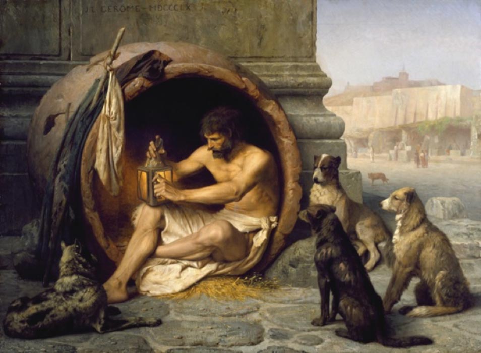 The Greek philosopher Diogenes (404-323 BC) and his dogs which were emblematic of his “Cynic” dog-like philosophy which emphasized an austere existence. (CC BY-SA 3.0)