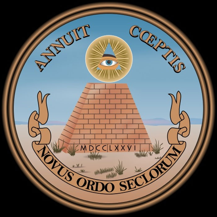 Since 1782, the reverse side of the Great Seal of the United States has included the Latin phrase ‘novus ordo seclorum’, and it has appeared on the back of the U.S. one-dollar bill since 1935. Translating to New Order of the Ages many believe this alludes to the beginning of “New World Order.” (Public Domain).
