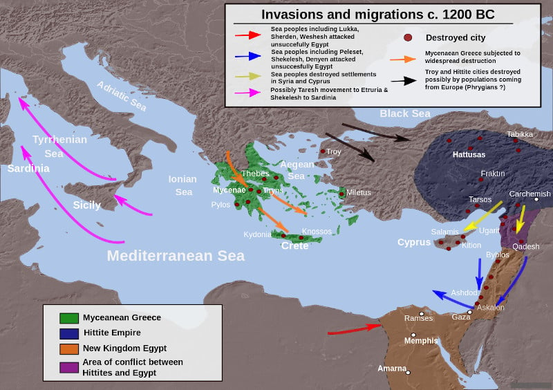 A map of the end of the Late Bronze Age showcasing the world powers and migrations of the Sea Peoples.