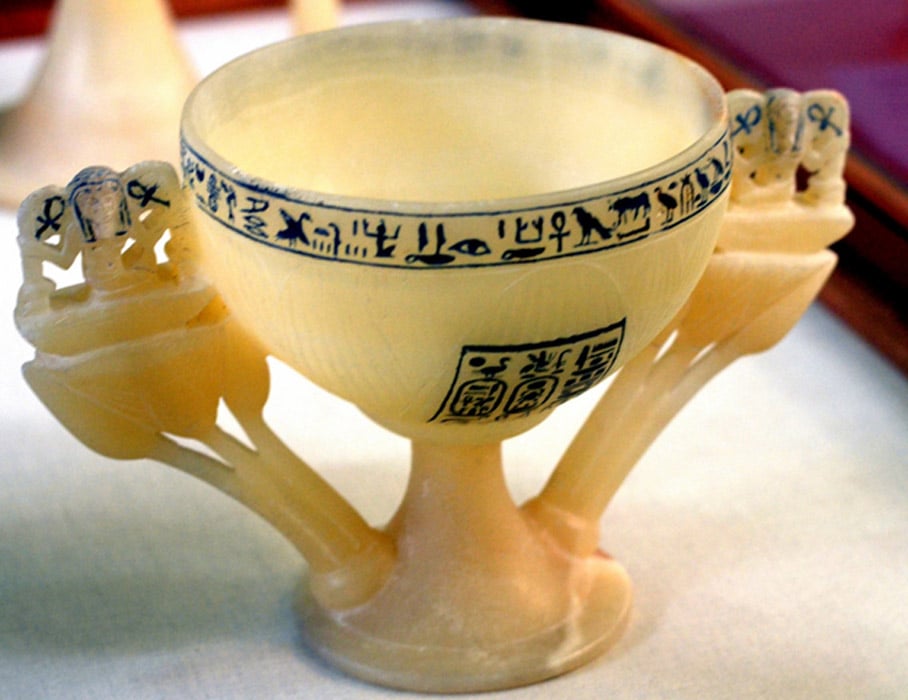 This translucent alabaster Lotus chalice, called the "Wishing Cup" by Howard Carter, was found on the threshold of the Antechamber in Tutankhamun's tomb in 1922. Egyptian Museum, Cairo. 