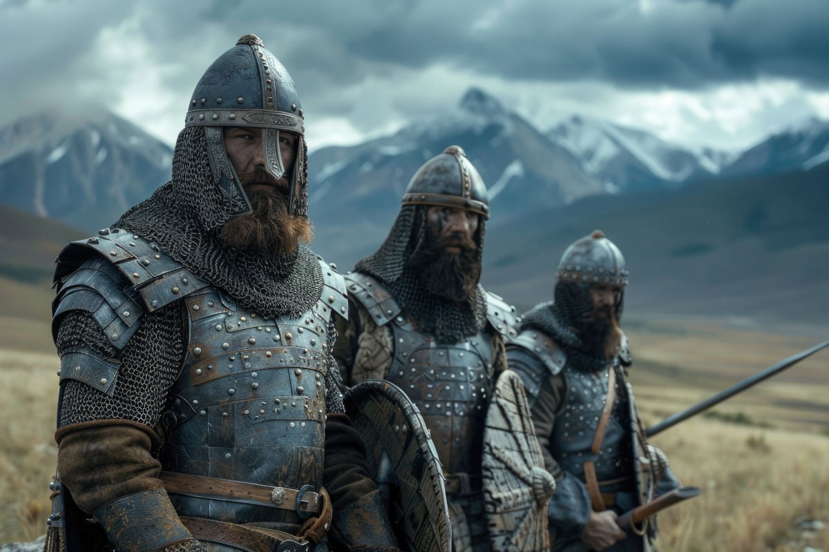 AI image of Slavic male warriors in chain mail.