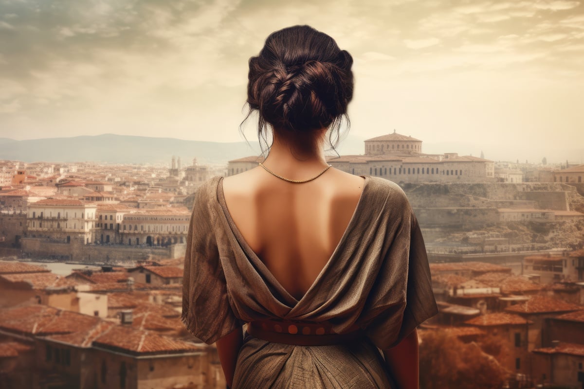 AI image of ancient Greek woman looking over the city